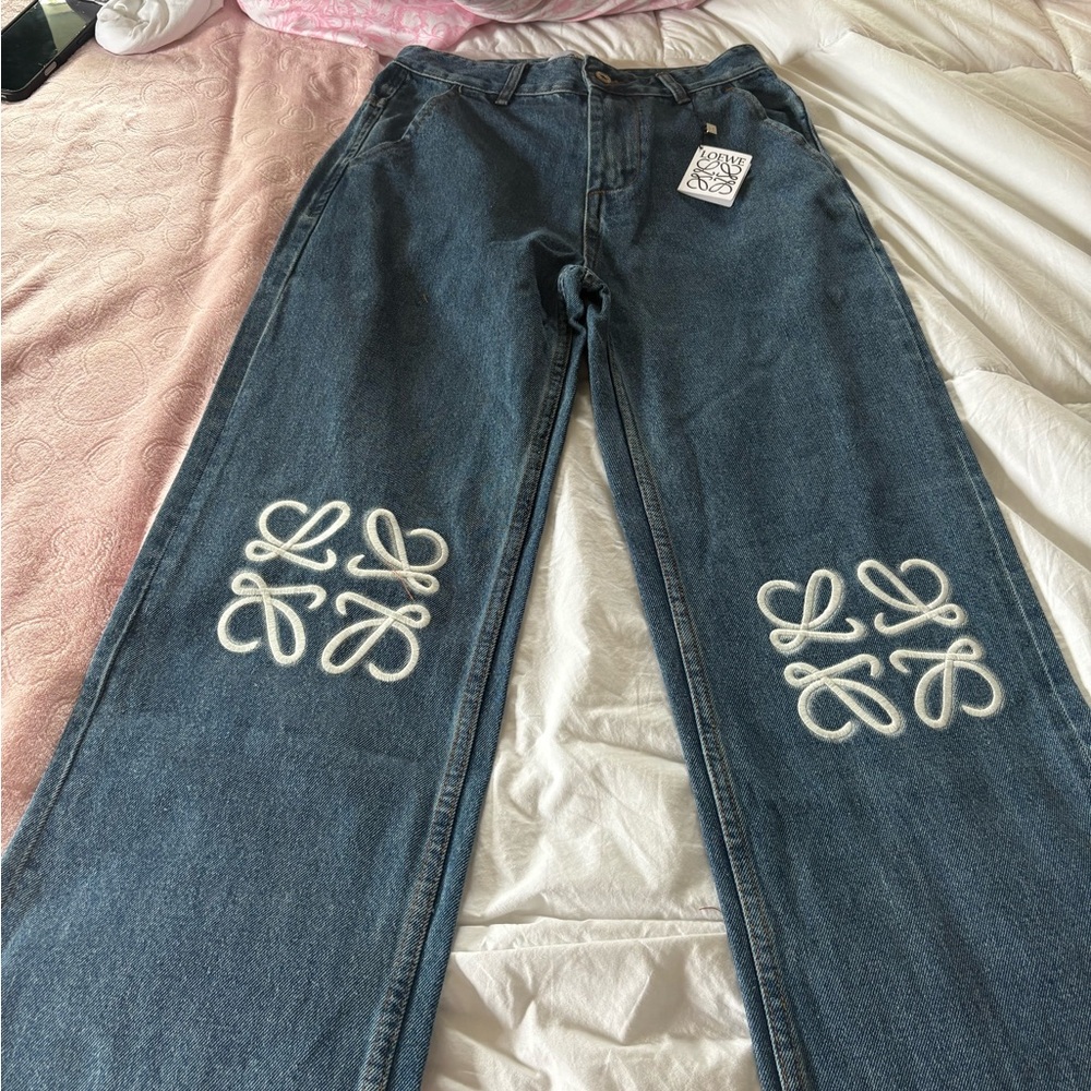 Loewe Blue and White Flare Jeans with Embroidery